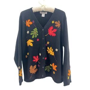 Vintage Arriviste Embroidered Beaded Cardigan Women L Black Leaf Fall Boho Artsy